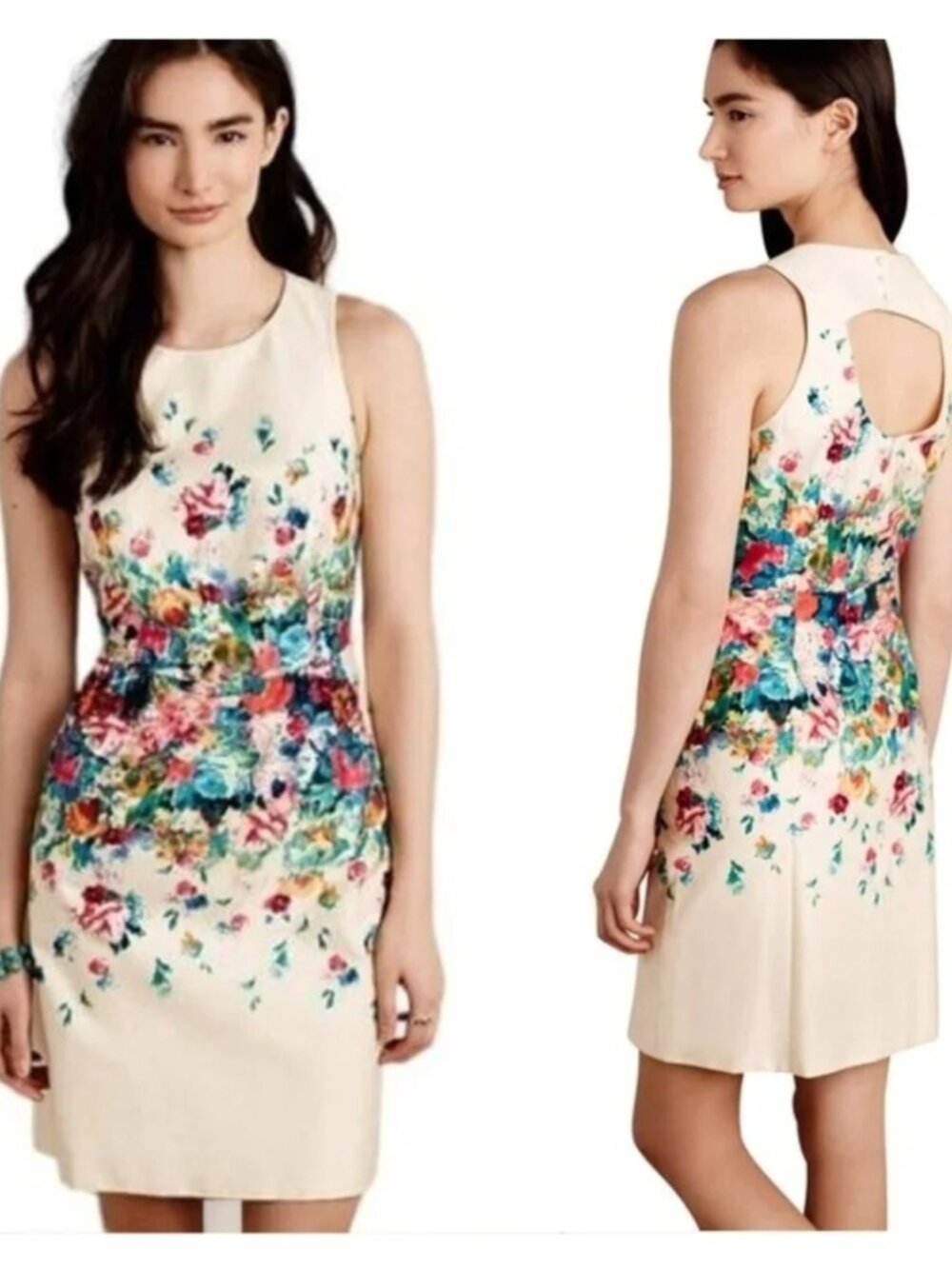 Maeve Anthropologie Tea Garden Sheath Dress Size 4 Floral Sleeveless Cutout Back
